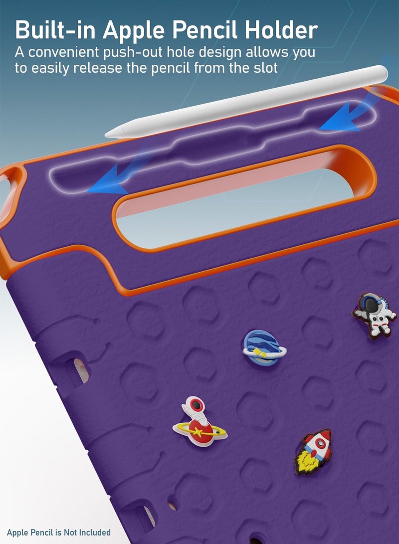 Moxedo Rugged Protective EVA Silicone Kids Case Cover, Shockproof DIY 3D Cartoon Pattern with Pencil Holder, Stand and Handle Grip Compatible for Apple iPad 2021 (9th Gen) 10.2 inch (Purple)