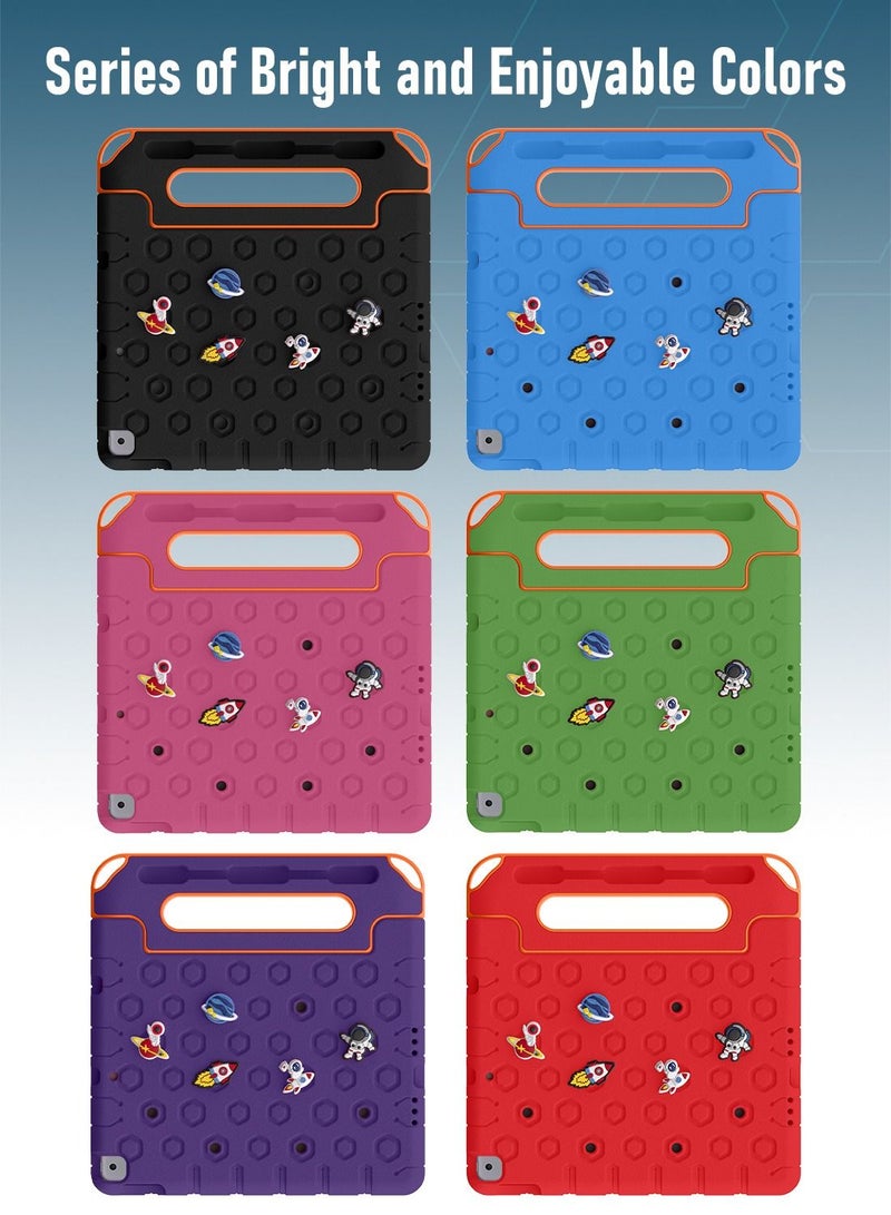 Moxedo Rugged Protective EVA Silicone Kids Case Cover, Shockproof DIY 3D Cartoon Pattern with Pencil Holder, Stand and Handle Grip Compatible for Apple iPad 2021 (9th Gen) 10.2 inch (Purple)