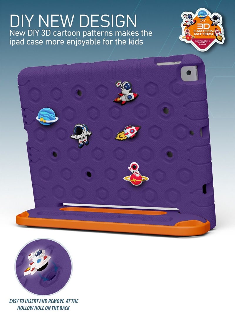 Moxedo Rugged Protective EVA Silicone Kids Case Cover, Shockproof DIY 3D Cartoon Pattern with Pencil Holder, Stand and Handle Grip Compatible for Apple iPad 2021 (9th Gen) 10.2 inch (Purple)
