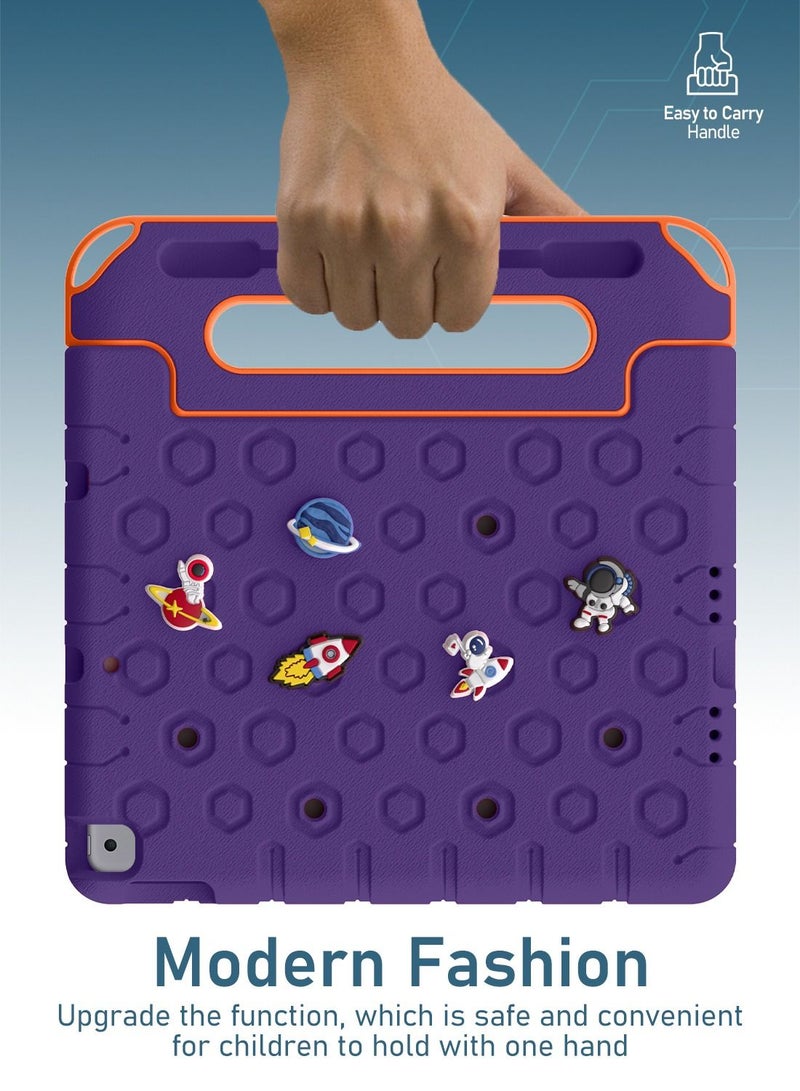 Moxedo Rugged Protective EVA Silicone Kids Case Cover, Shockproof DIY 3D Cartoon Pattern with Pencil Holder, Stand and Handle Grip Compatible for Apple iPad 2021 (9th Gen) 10.2 inch (Purple)