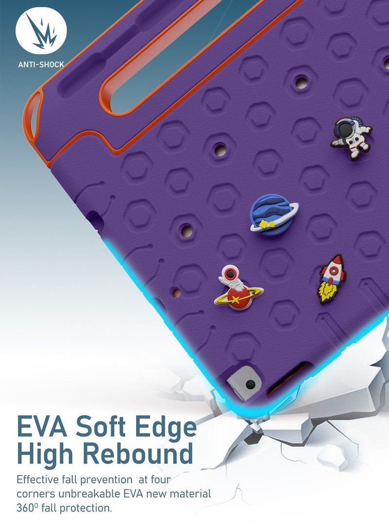 Moxedo Rugged Protective EVA Silicone Kids Case Cover, Shockproof DIY 3D Cartoon Pattern with Pencil Holder, Stand and Handle Grip Compatible for Apple iPad 2021 (9th Gen) 10.2 inch (Purple)