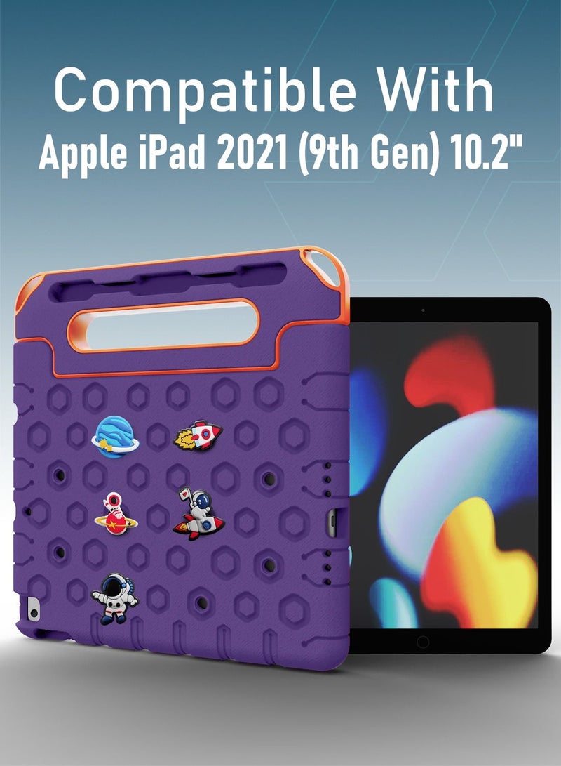 Moxedo Rugged Protective EVA Silicone Kids Case Cover, Shockproof DIY 3D Cartoon Pattern with Pencil Holder, Stand and Handle Grip Compatible for Apple iPad 2021 (9th Gen) 10.2 inch (Purple)