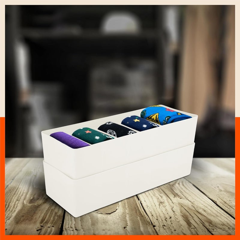 Bathla منظمات الأدراج (مجموعة من 2) - 5 أقسام بلون العاج منظمات تخزين متعددة الاستخدامات للخزائن | منظمات خزانة قابلة للتكديس للجوارب، الملابس الداخلية، الرباط، المجوهرات والقرطاسية | صندوق تخزين بلاستيكي - Image 2