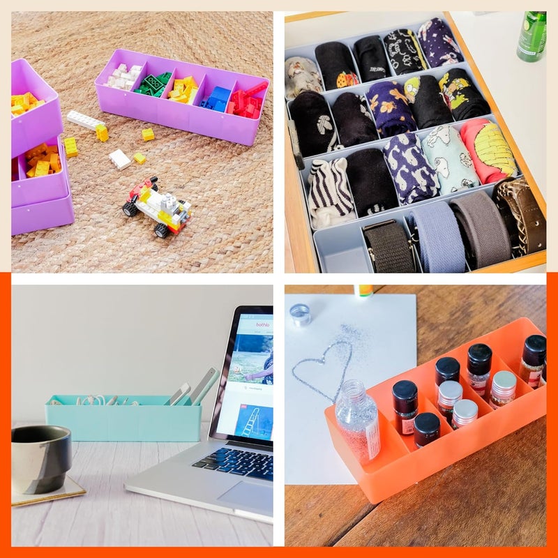 Bathla منظمات الأدراج (مجموعة من 2) - 5 أقسام بلون العاج منظمات تخزين متعددة الاستخدامات للخزائن | منظمات خزانة قابلة للتكديس للجوارب، الملابس الداخلية، الرباط، المجوهرات والقرطاسية | صندوق تخزين بلاستيكي - Image 3