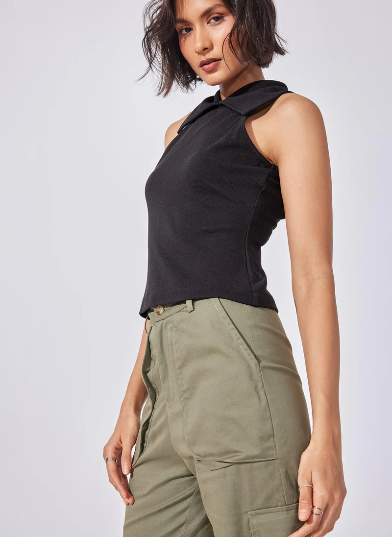The Label Life Black Halter Collared Tank