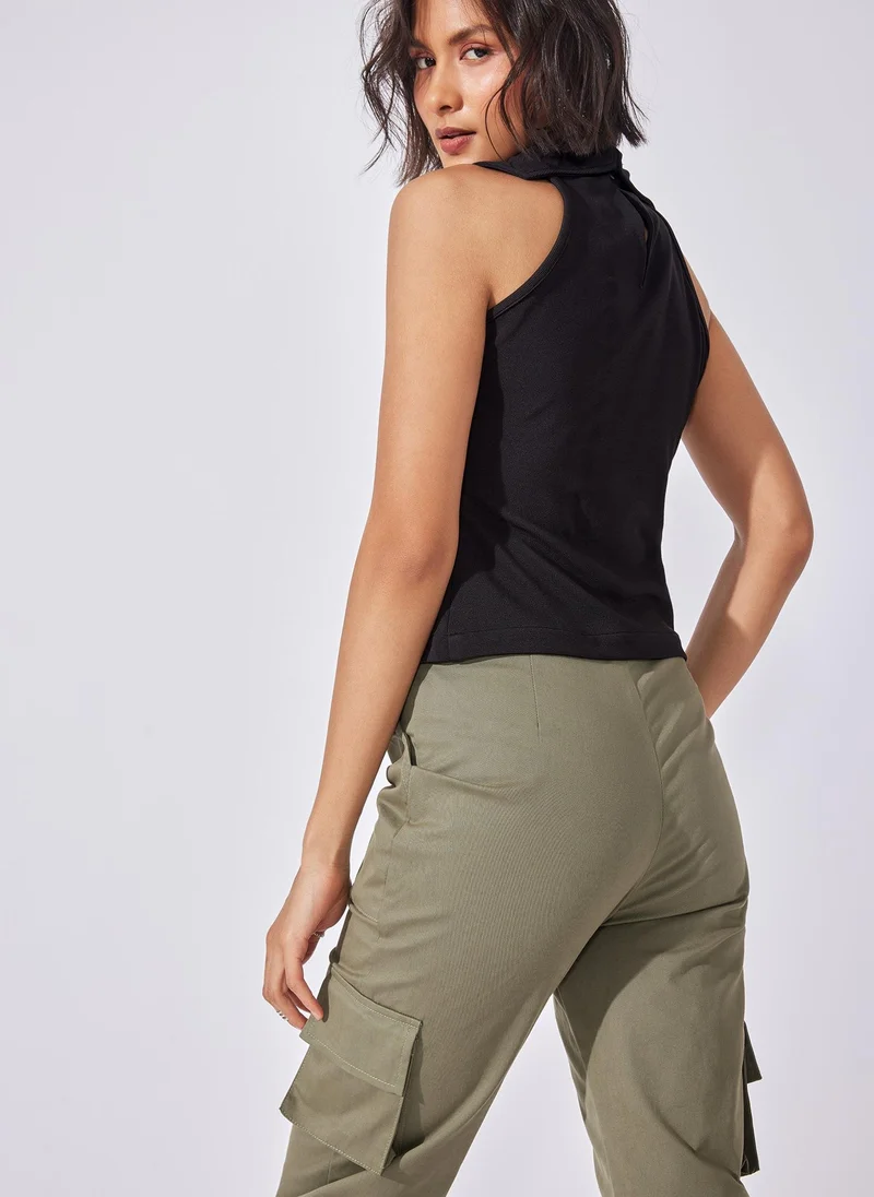 The Label Life Black Halter Collared Tank