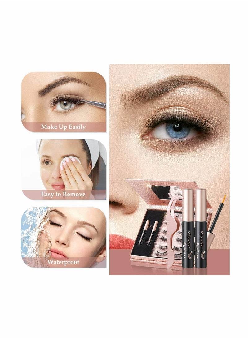 KASTWAVE - Magnetic Eyelashes with Eyeliner, 6 Pairs 3D Natural Look Magnetic Eyeliner and Lashes Kit, 2 Tubes Long Lasting Magnetic Eyeliner 10mL, Mirror Box with Professional Tweezers - No Glue Needed - Image 1