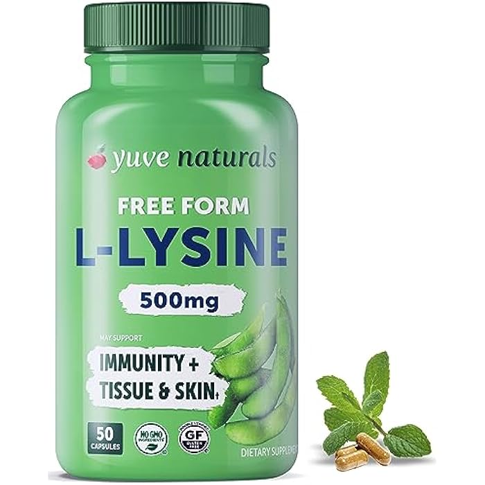 Yuve L-Lysine 500 mg Essential Amino Acid - Immune, Cold Sores & Collagen Synthesis Support - Maintain Healthy Arginine Levels & Optimal Calcium Absorption - Vegan, Gelatin-Free, Non-GMO - 50 Capsules - Image 1