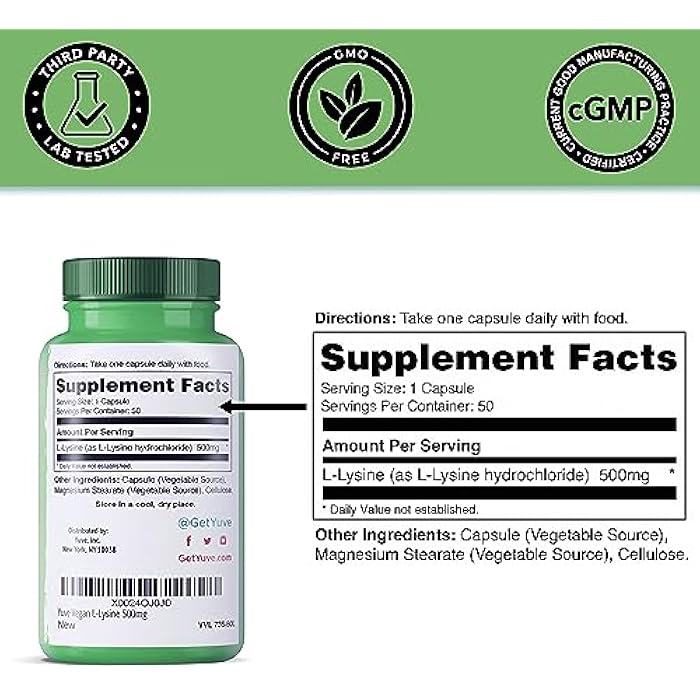 Yuve L-Lysine 500 mg Essential Amino Acid - Immune, Cold Sores & Collagen Synthesis Support - Maintain Healthy Arginine Levels & Optimal Calcium Absorption - Vegan, Gelatin-Free, Non-GMO - 50 Capsules - Image 4
