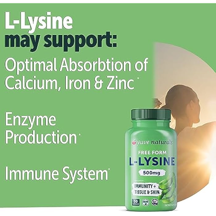 Yuve L-Lysine 500 mg Essential Amino Acid - Immune, Cold Sores & Collagen Synthesis Support - Maintain Healthy Arginine Levels & Optimal Calcium Absorption - Vegan, Gelatin-Free, Non-GMO - 50 Capsules - Image 2