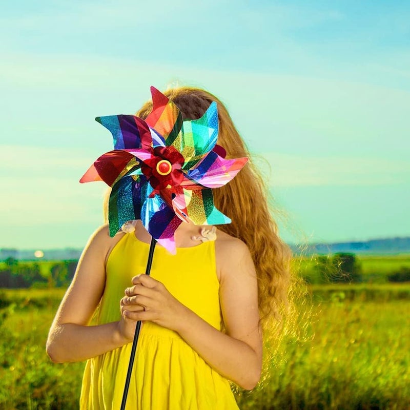 Luckam Reflective Bird Repellent Windmill, 6 Pcs 24cm Pinwheel Birds Deterrent Hanging Device Sparkly Stripe Spinners to Scare Birds Away From House, Window, Garden, Farm - Image 5