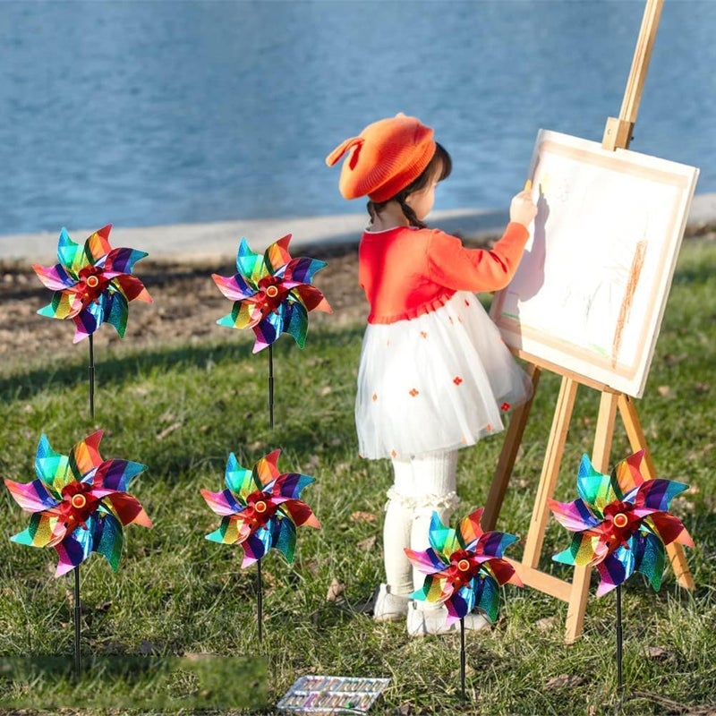 Luckam Reflective Bird Repellent Windmill, 6 Pcs 24cm Pinwheel Birds Deterrent Hanging Device Sparkly Stripe Spinners to Scare Birds Away From House, Window, Garden, Farm - Image 2