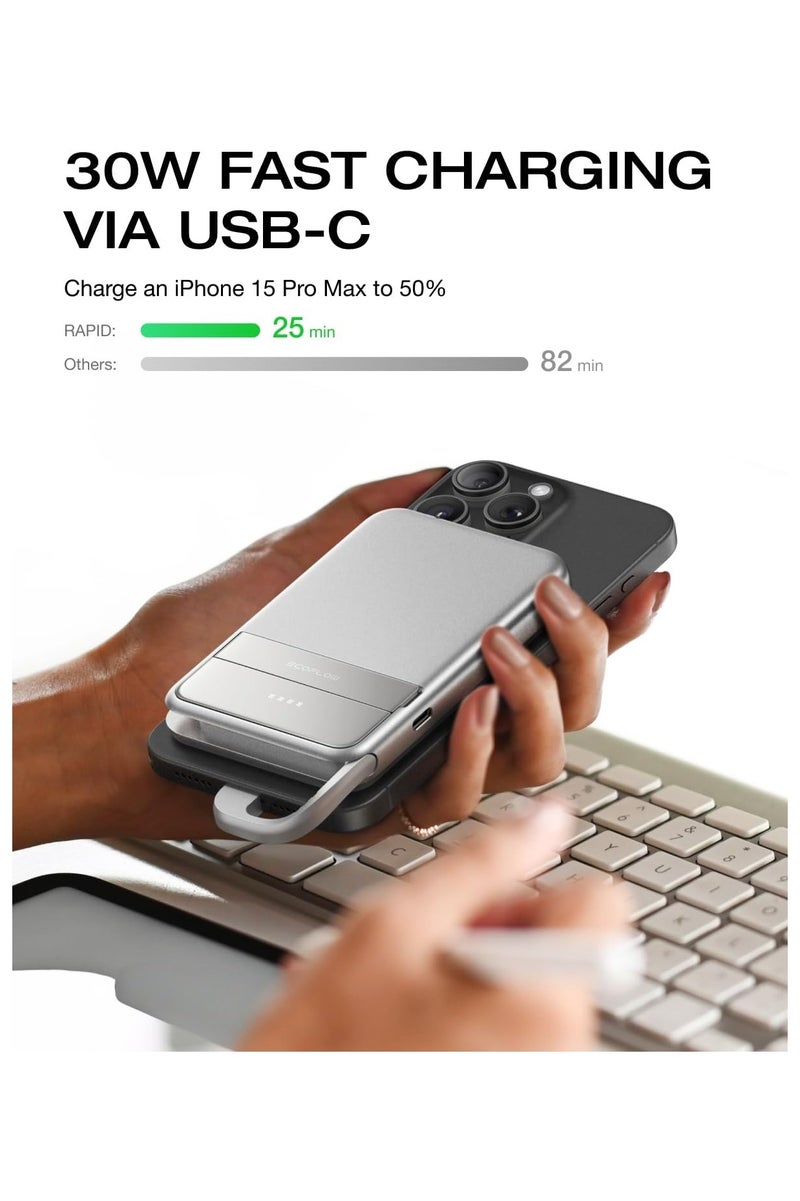 ECOFLOW EF ECOFLOW Rapid Power Bank 5000mAh Qi2 Certified Wireless Magnetic Portable Charger, 30W Max Fast Charging Battery Pack with Built-in USB-C Cable & Stand for iPhone16/15/14/13/12 (Rapid 5000 Sliver)  - Image 4