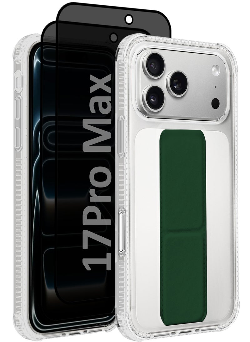 DUSALA 3 Packs Finger Grip Clear Case Cover for iPhone 17 Pro Max - Kickstand Car Magnetic Holder Multi-function Protective Two-in-one Case with Two Privacy Screen Protectors - Dark Green - Image 1