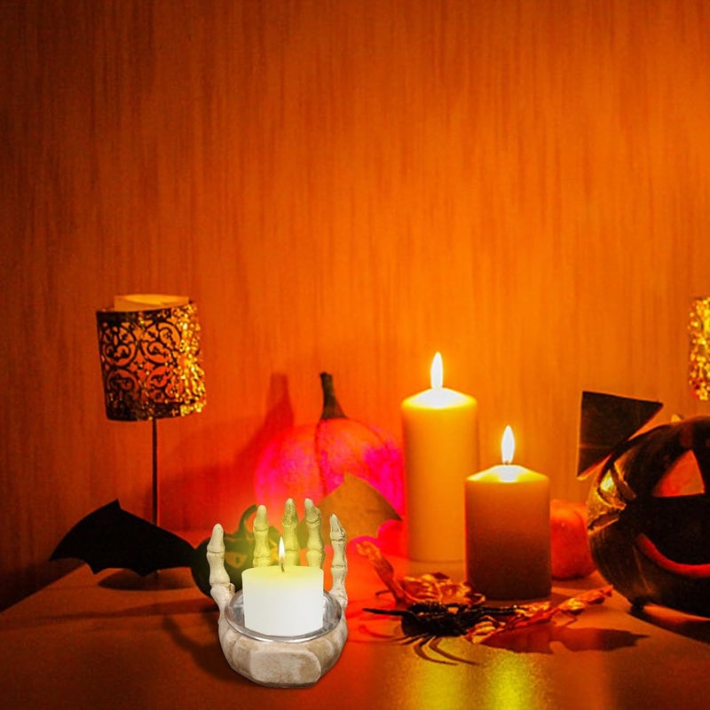 كلاراكو حامل شموع الهالوين، شمعدان هيكل عظمي للهالوين، ديكور هيكل عظمي مرعب للهالوين، حامل شموع من الراتنج على شكل هيكل عظمي لأيدي ساحرة، ديكور منزلي على شكل هيكل عظمي للهالوين - Image 4