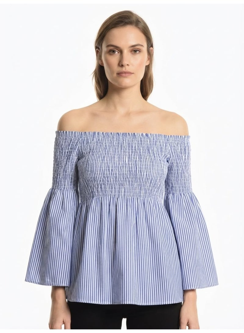 LOUD UNIVERSE Women's Striped Off-Shoulder Smocked Bell Sleeve Top, Blue and White - Image 1