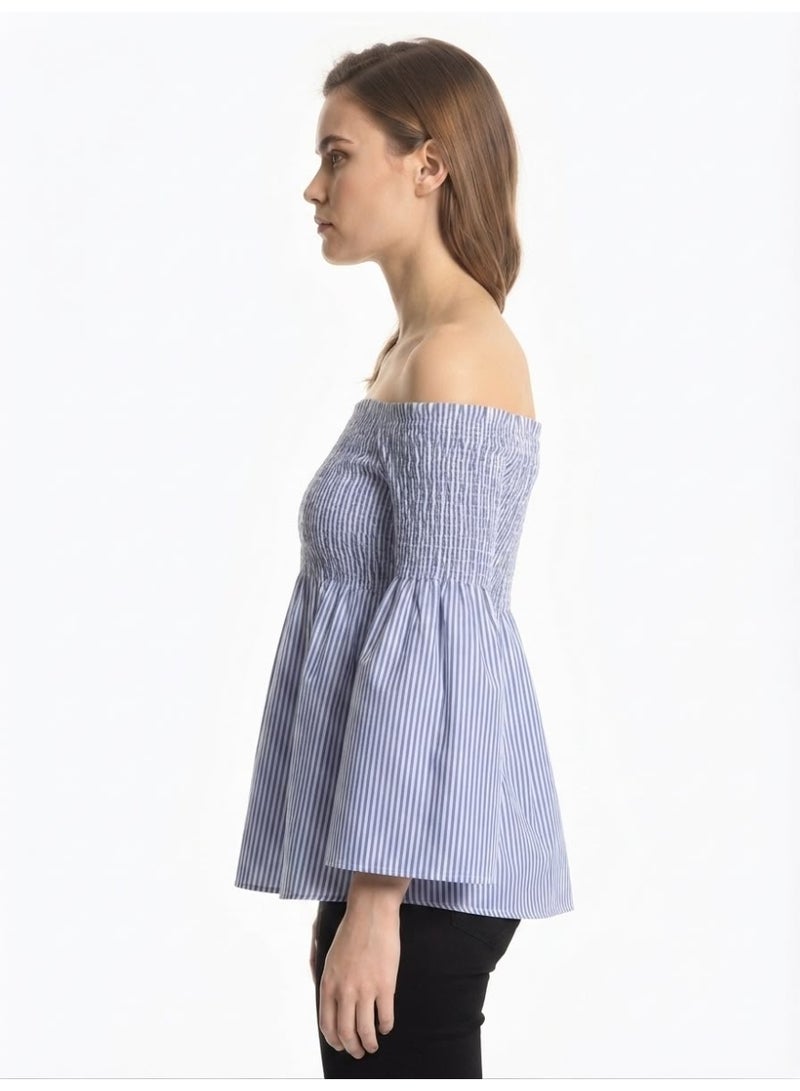 LOUD UNIVERSE Women's Striped Off-Shoulder Smocked Bell Sleeve Top, Blue and White - Image 2