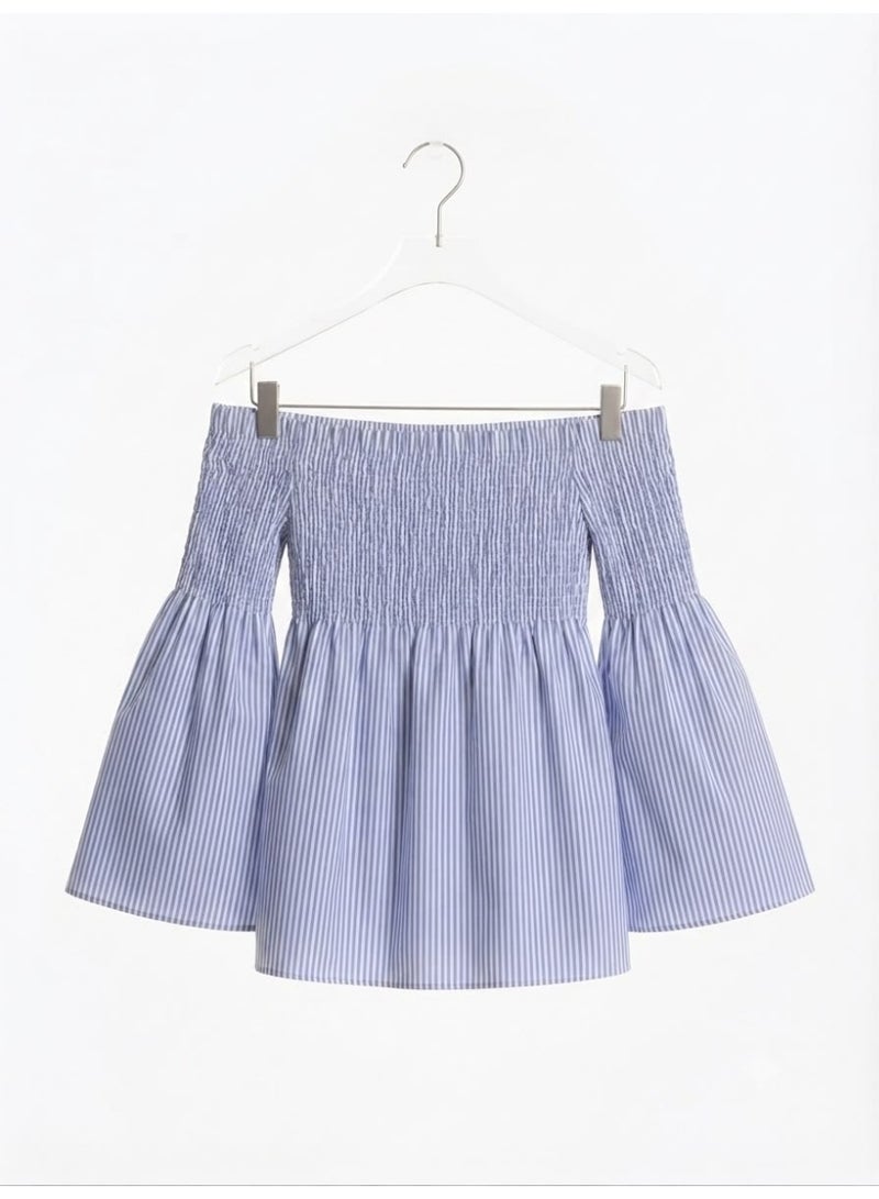 LOUD UNIVERSE Women's Striped Off-Shoulder Smocked Bell Sleeve Top, Blue and White - Image 3