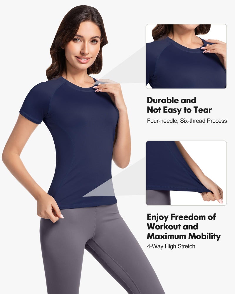CL convallaria Women's Compression Shirts Short Sleeve Workout Tops Moisture Wicking Athletic T-Shirts for Gym Yoga Running 4 Pack, Black+White+Dark Blue+Heather Ligth Gray, Medium - Image 3