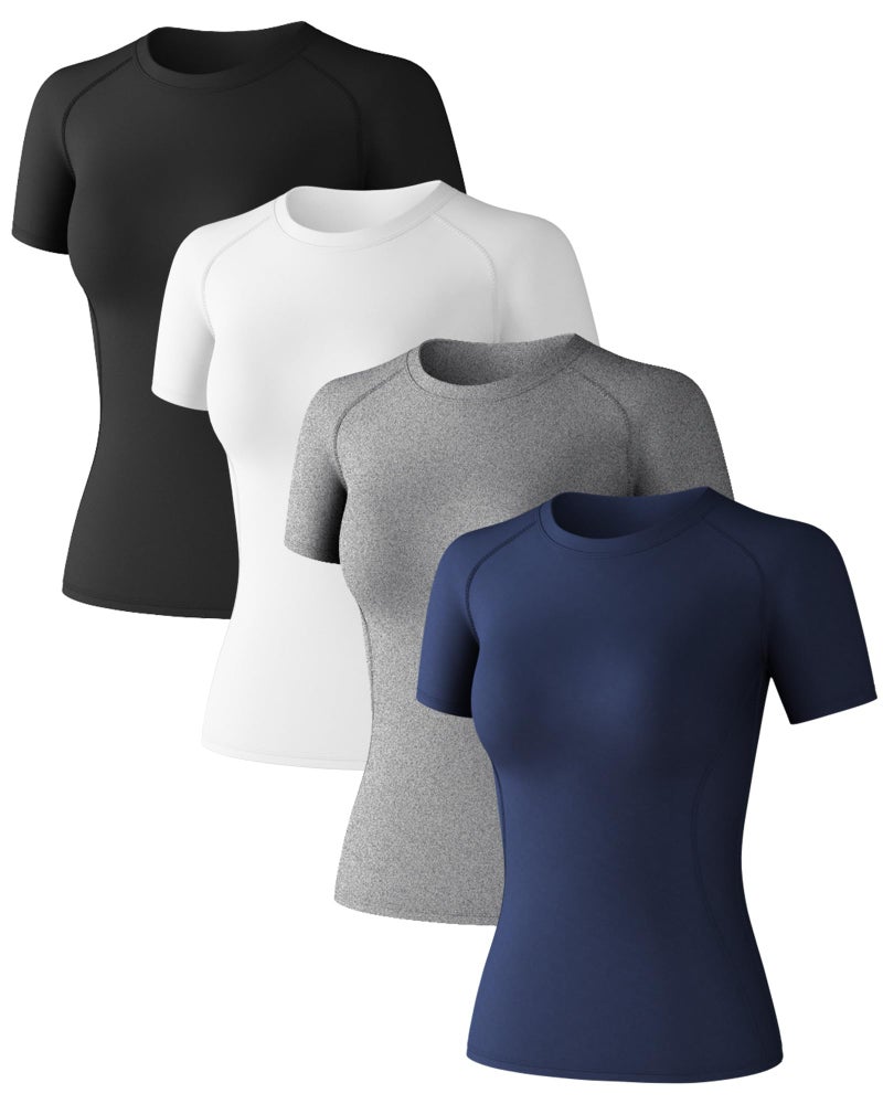 CL convallaria Women's Compression Shirts Short Sleeve Workout Tops Moisture Wicking Athletic T-Shirts for Gym Yoga Running 4 Pack, Black+White+Dark Blue+Heather Ligth Gray, Medium - Image 1
