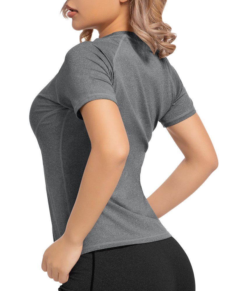 CL convallaria Women's Compression Shirts Short Sleeve Workout Tops Moisture Wicking Athletic T-Shirts for Gym Yoga Running 4 Pack, Black+White+Dark Blue+Heather Ligth Gray, Medium - Image 2