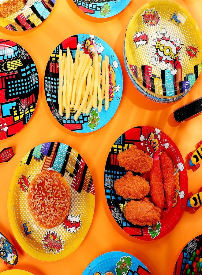 Zhehao 60 Pcs Hero Theme Party Plates Round Disposable Dinner Paper Plates Red Blue Yellow Decorative Tableware for Baby Shower Spider Party Supplies Birthday Decorations - Image 2