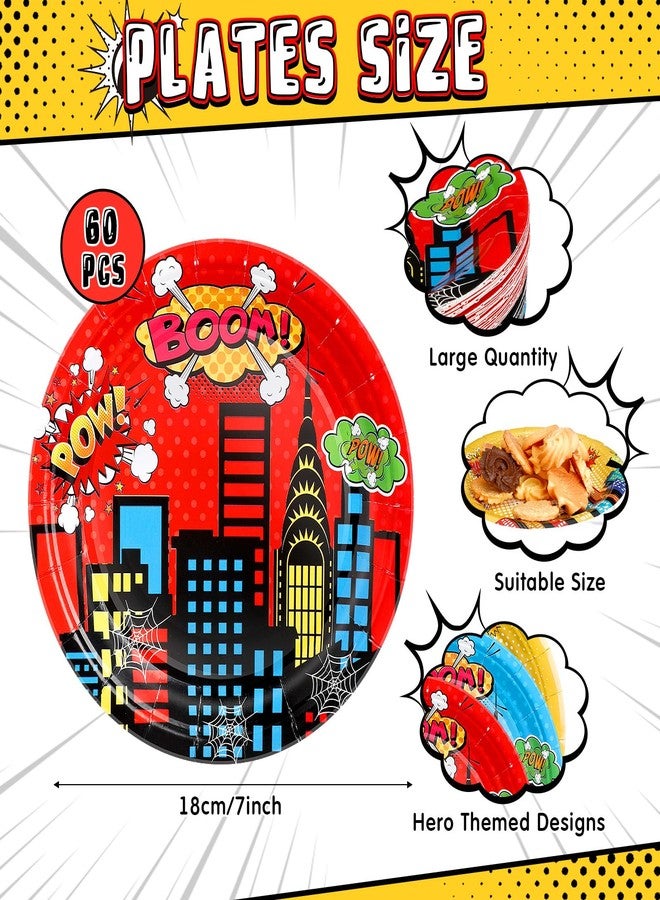 Zhehao 60 Pcs Hero Theme Party Plates Round Disposable Dinner Paper Plates Red Blue Yellow Decorative Tableware for Baby Shower Spider Party Supplies Birthday Decorations - Image 5