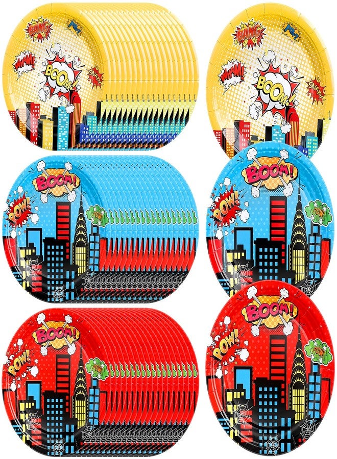 Zhehao 60 Pcs Hero Theme Party Plates Round Disposable Dinner Paper Plates Red Blue Yellow Decorative Tableware for Baby Shower Spider Party Supplies Birthday Decorations - Image 1
