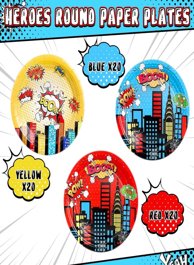 Zhehao 60 Pcs Hero Theme Party Plates Round Disposable Dinner Paper Plates Red Blue Yellow Decorative Tableware for Baby Shower Spider Party Supplies Birthday Decorations - Image 3
