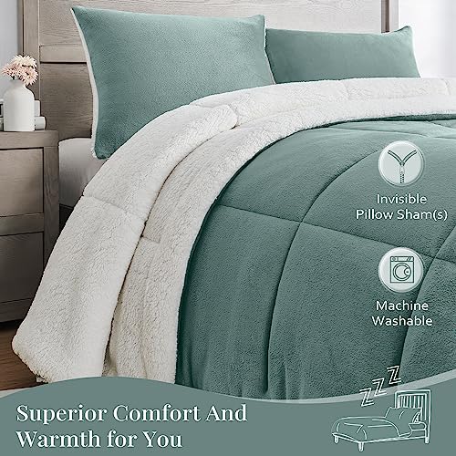 Basic Beyond Queen Comforter Set - Luxury Fleece Sherpa Comforter Sets for Queen Bed, Soft and Warm Queen Size Bedding Comforter Set for Winter, Green, 88"x88" - Image 4