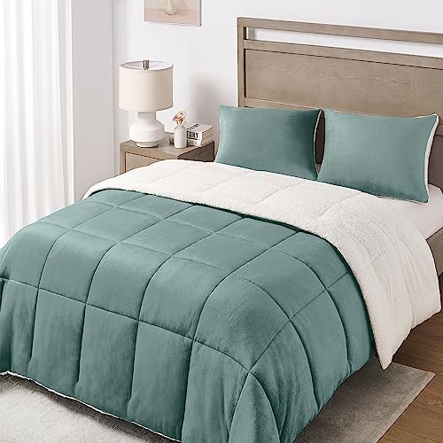 Basic Beyond Queen Comforter Set - Luxury Fleece Sherpa Comforter Sets for Queen Bed, Soft and Warm Queen Size Bedding Comforter Set for Winter, Green, 88"x88" - Image 1