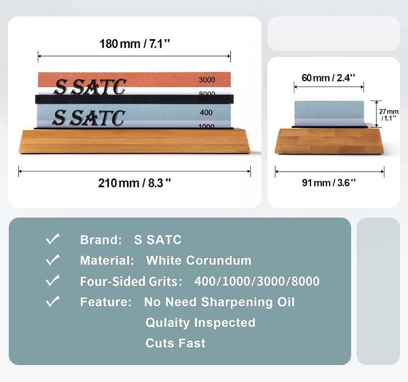 S SATC Knife Sharpening Stone Whetstone 4 Side Grit 400/1000 3000/8000 Stone Knife Sharpeners with Nonslip Rubber Bases, Wood Base, Flattening Stone, and Leather Strop - Image 3