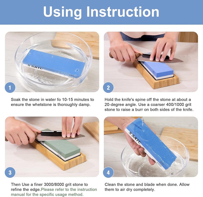 S SATC Knife Sharpening Stone Whetstone 4 Side Grit 400/1000 3000/8000 Stone Knife Sharpeners with Nonslip Rubber Bases, Wood Base, Flattening Stone, and Leather Strop - Image 4