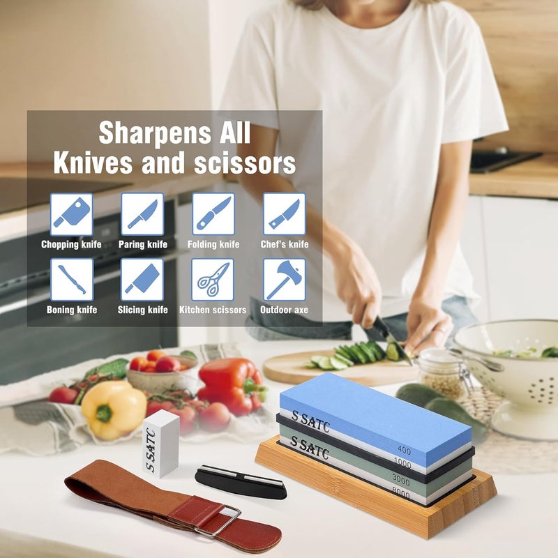 S SATC Knife Sharpening Stone Whetstone 4 Side Grit 400/1000 3000/8000 Stone Knife Sharpeners with Nonslip Rubber Bases, Wood Base, Flattening Stone, and Leather Strop - Image 5