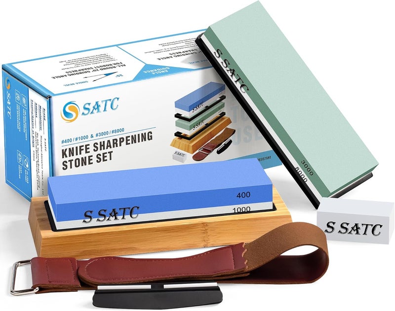 S SATC Knife Sharpening Stone Whetstone 4 Side Grit 400/1000 3000/8000 Stone Knife Sharpeners with Nonslip Rubber Bases, Wood Base, Flattening Stone, and Leather Strop - Image 1