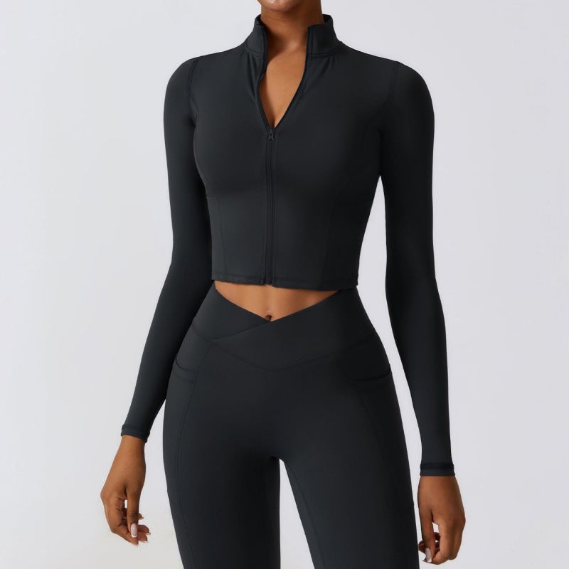 Generic Winter Quick-drying Long-sleeved Yoga Suit Jacket Zipper Running Sports Outer Wear Tight-fitting Naked Fashion Fitness Suit 8355 High-grade black [78% nylon + 22% spandex] 