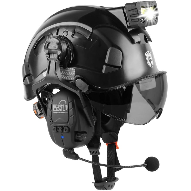 GREEN DEVIL Hard Hat Safety Helmet with Visor Bluetooth Ear Muffs and Headlamp 5 in 1 Full Protection Vented Work Hardhat ANSI Z891 Cascos De Construccion for Industrial Construction Forestry