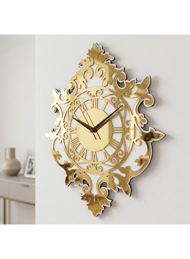 A luxurious decorative wall clock with a shimmering gold finish and a white background. Large size, suitable for home, living room, and office. Easy to install. A modern wall piece to add a touch of elegance to any space. - Image 1