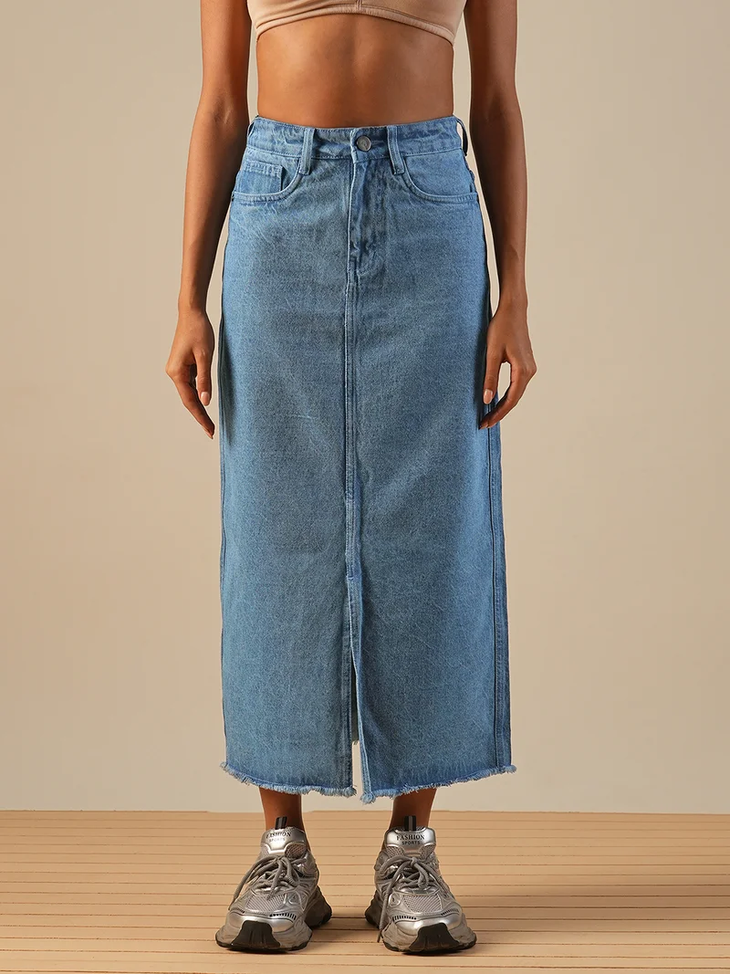 جلو باص جوبس تنورة جينز ميدي مستقيمة بفتحة أمامية وهامش شراشيب للنساء