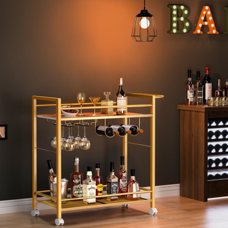 Joaxswe Bar Cart,Home Bar Serving Cart with Storage Shelves, 2 Tier Rolling Beverage Cart with Wheels, Modern Wine Cart with Wine Rack and Glass Holder for Kitchen, Living Room,Dinning Room,Gold - Image 3