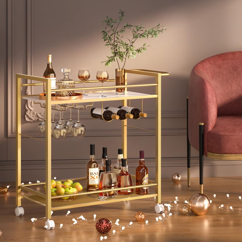 Joaxswe Bar Cart,Home Bar Serving Cart with Storage Shelves, 2 Tier Rolling Beverage Cart with Wheels, Modern Wine Cart with Wine Rack and Glass Holder for Kitchen, Living Room,Dinning Room,Gold - Image 5