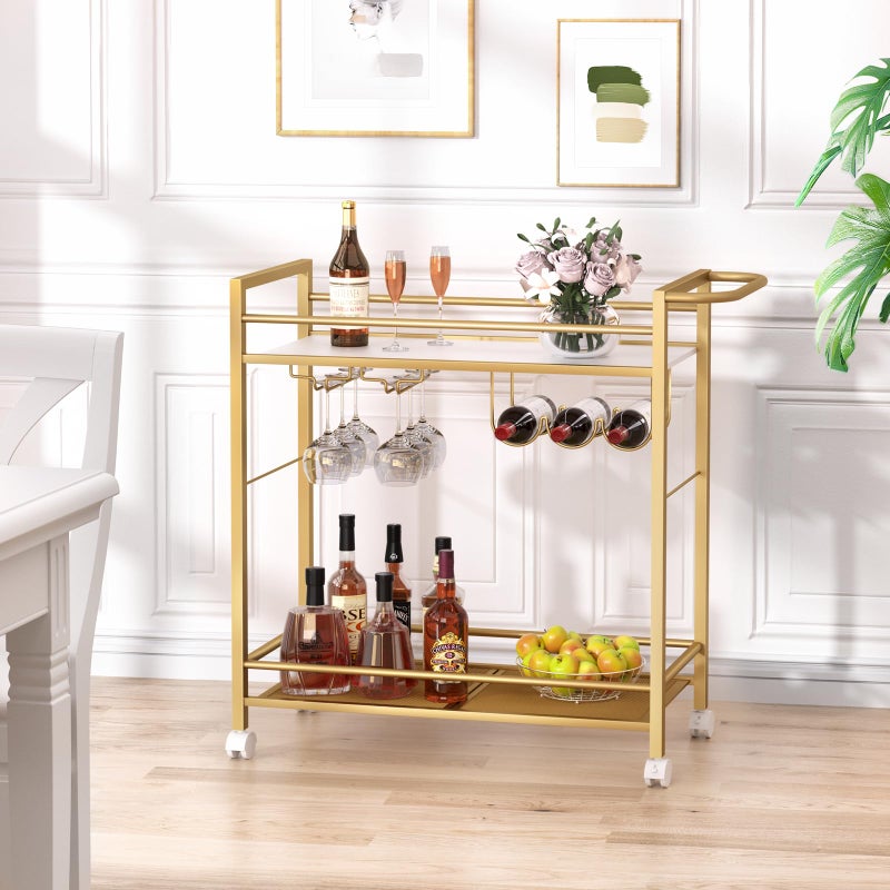 Joaxswe Bar Cart,Home Bar Serving Cart with Storage Shelves, 2 Tier Rolling Beverage Cart with Wheels, Modern Wine Cart with Wine Rack and Glass Holder for Kitchen, Living Room,Dinning Room,Gold - Image 4