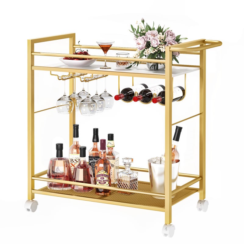 Joaxswe Bar Cart,Home Bar Serving Cart with Storage Shelves, 2 Tier Rolling Beverage Cart with Wheels, Modern Wine Cart with Wine Rack and Glass Holder for Kitchen, Living Room,Dinning Room,Gold - Image 1