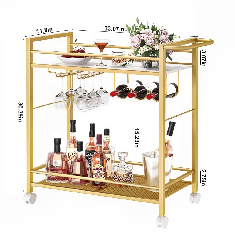 Joaxswe Bar Cart,Home Bar Serving Cart with Storage Shelves, 2 Tier Rolling Beverage Cart with Wheels, Modern Wine Cart with Wine Rack and Glass Holder for Kitchen, Living Room,Dinning Room,Gold - Image 2