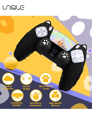 Cute Cat Paw PS5 Controller Skin,Non-Slip Silicone Protective Cover for Playstation 5 Wireless Controller with 2 Thumb Grip Caps,1 cat Sticker（Black） - view 2