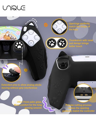 Cute Cat Paw PS5 Controller Skin,Non-Slip Silicone Protective Cover for Playstation 5 Wireless Controller with 2 Thumb Grip Caps,1 cat Sticker（Black） - view 3