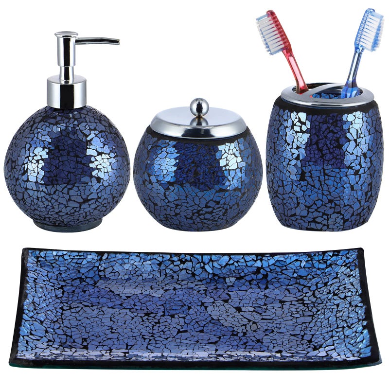 Sanbege 4 Pcs Mosaic Glass Bathroom Accessories Set Modern Luxury Bath Ensemble Includes Soap Dispenser Cotton Swab Jar Toothbrush Holder Vanity Tray Shiny Blue