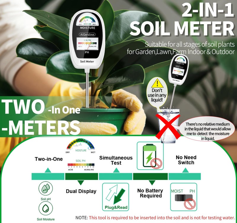 AiGerdinn Soil Test Kit, 2-in-1 Soil Moisture Meter, Soil pH Meter -Dual Dial-Simultaneously-Display Results-Soil pH Tester, Moisture Meter for Garden,Lawn,Farm Indoor&Outdoor Plants-PureWhite - Image 2