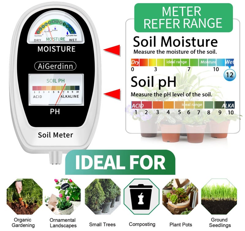 AiGerdinn Soil Test Kit, 2-in-1 Soil Moisture Meter, Soil pH Meter -Dual Dial-Simultaneously-Display Results-Soil pH Tester, Moisture Meter for Garden,Lawn,Farm Indoor&Outdoor Plants-PureWhite - Image 3