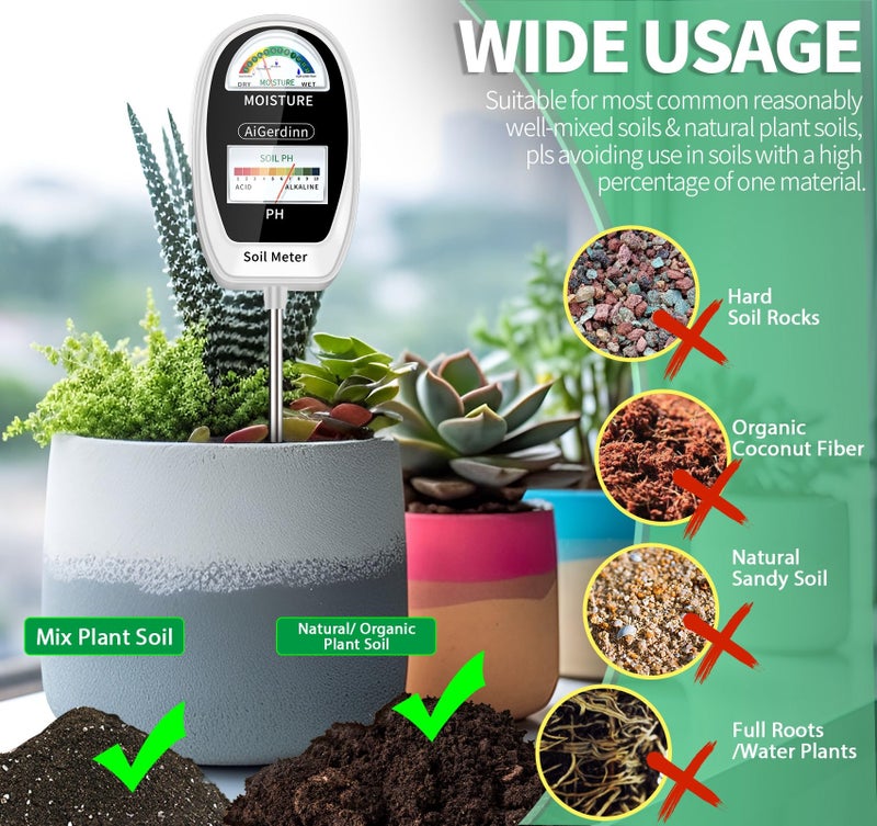AiGerdinn Soil Test Kit, 2-in-1 Soil Moisture Meter, Soil pH Meter -Dual Dial-Simultaneously-Display Results-Soil pH Tester, Moisture Meter for Garden,Lawn,Farm Indoor&Outdoor Plants-PureWhite - Image 4